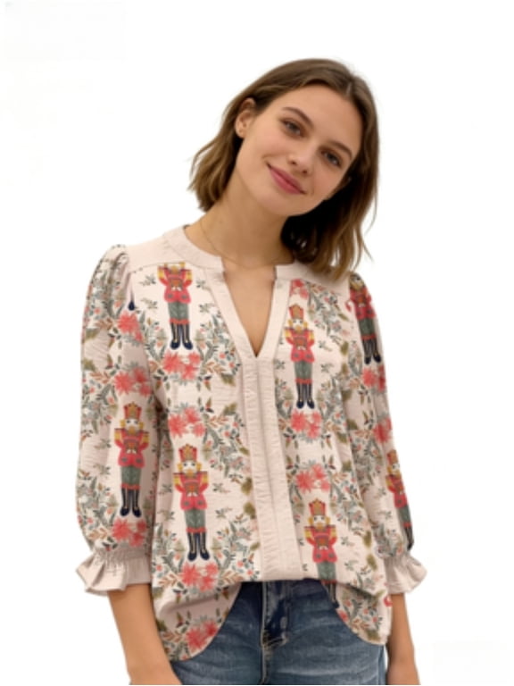V-Neck Long Sleeve Nutcracker Print Blouse (Women's)