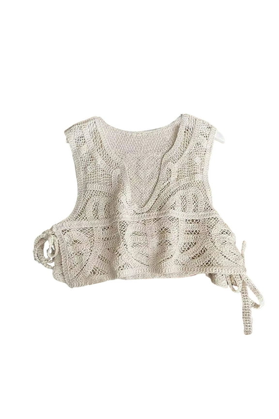 Women Hollow Crochet Knit Sweater Vest Waistcoat Sexy V-Neck Split Tie Up Bandage Beach Sleeveless Crop Tank Top Jacket