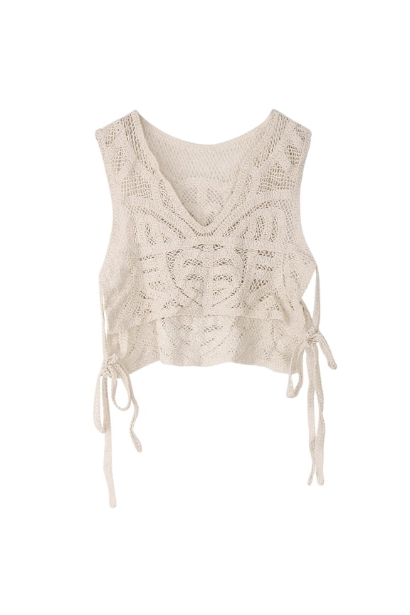 Women Hollow Crochet Knit Sweater Vest Waistcoat V-Neck Split Tie Up Bandage Beach Sleeveless Crop for Top for