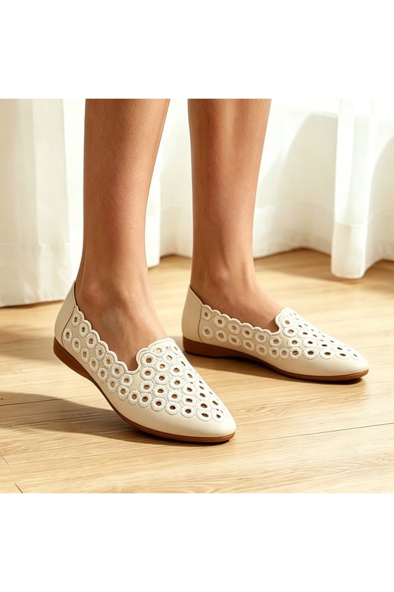 Women Hollow Cutout Pointed Toe Flats, Breathable Embroidery Slip On Loafers Comfort Casual Daily Walking Shoes White 6