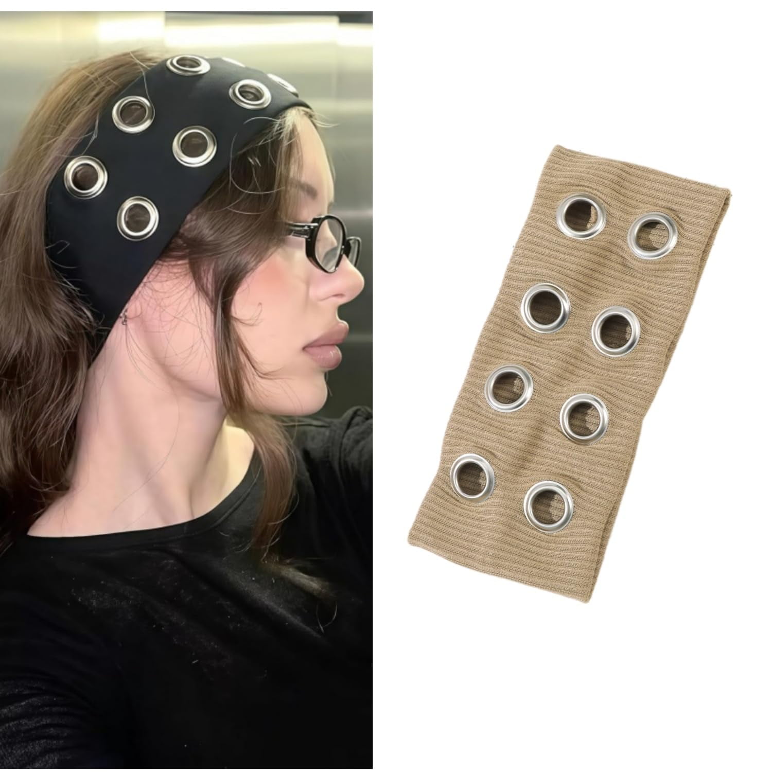 Women Hollow Out Eyelets Elastic Headband, Studded Headband  display picture 2