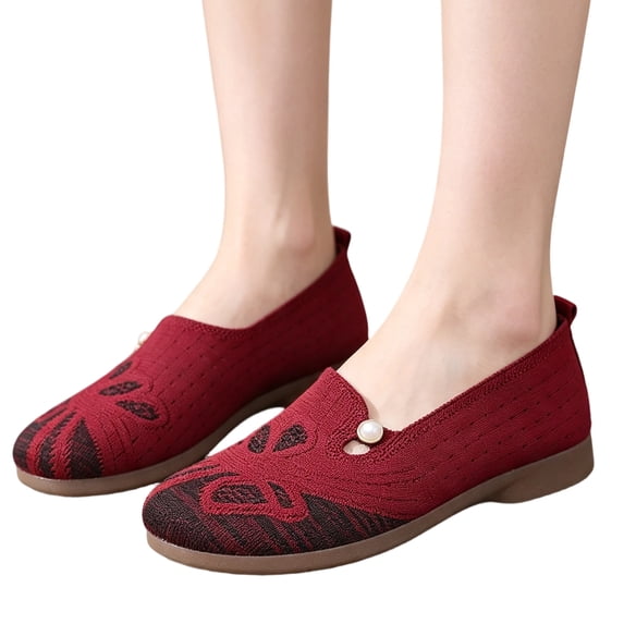 Women Hollow Knit Mom Slip On Shoes, Breathable Old Beijing Cloth Flats Soft Non Slip Low Sole