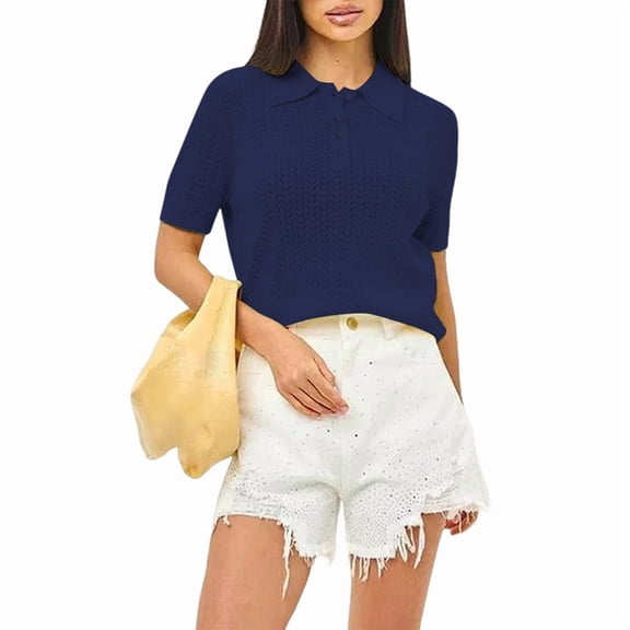 Women Hollow Knitted -Shirt Casual Short Sleeve Loose Lapel Solid Color Top Blue L