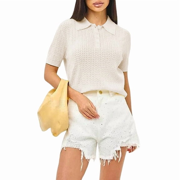 Women Hollow Knitted -Shirt Casual Short Sleeve Loose Lapel Solid Color Top White L