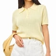 thumbnail image 1 of Women Hollow Knitted -Shirt Casual Short Sleeve Loose Lapel Solid Color Top Yellow S, 1 of 8