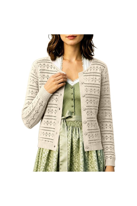 Women Hollow Out Lace Knit Cropped Cardigan, Long Sleeve Button Down Lightweight Layering Sweater, Boho Casual Cover Up Top for Spring Fall Daily Festival Outfits(Beige2/XL)