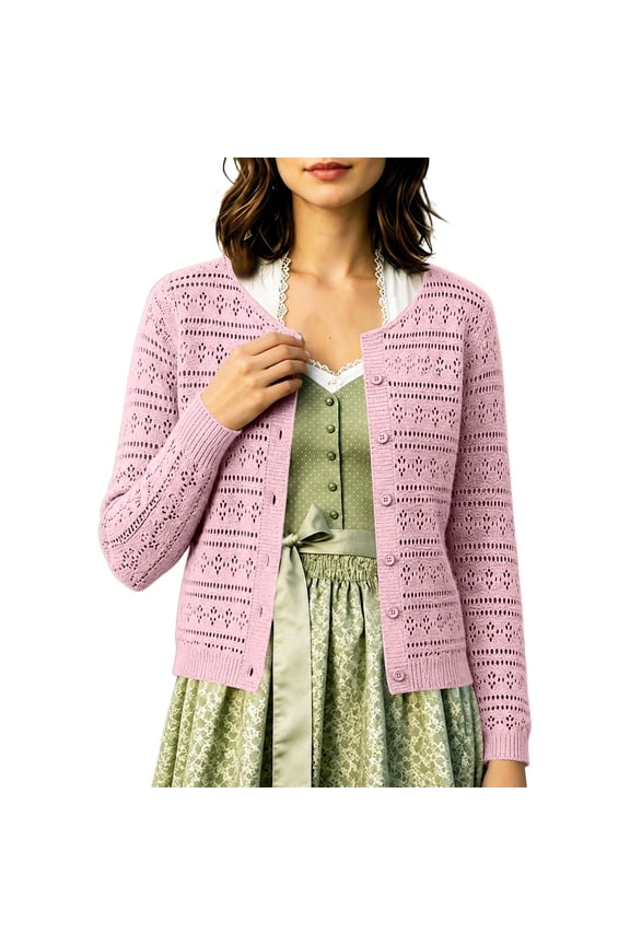 Women Hollow Out Lace Knit Cropped Cardigan, Long Sleeve Button Down Lightweight Layering Sweater, Boho Casual Cover Up Top for Spring Fall Daily Festival Outfits(Pink2/M)