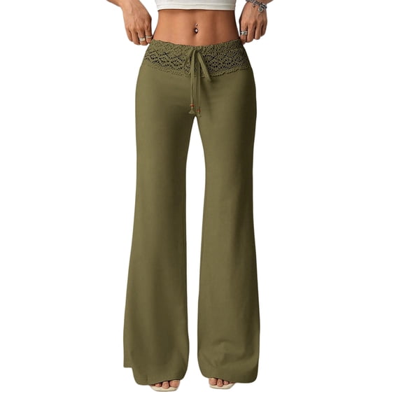 Women Hollow Lace Waist Drawstring Low Rise Flare Pants Green S