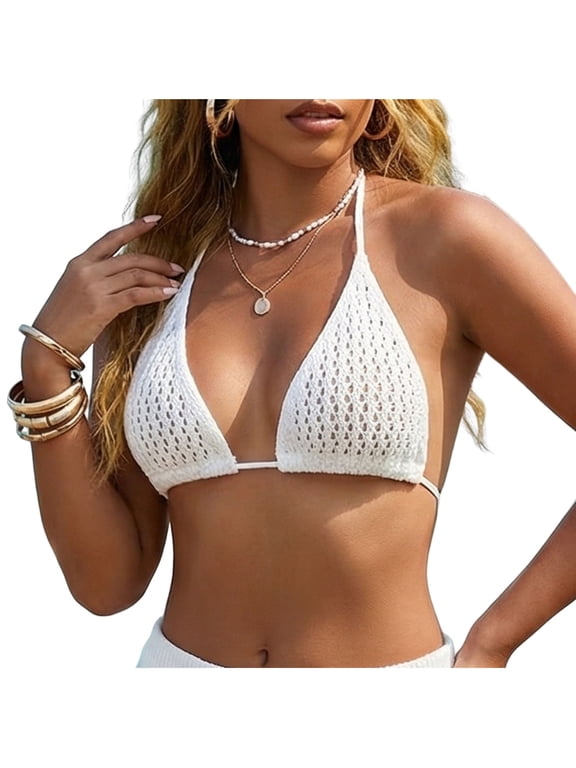 Women Hollow Mesh Knit Halter Triangle Bikini Top, Back Tie Adjustable Slimming Swim Top for Beach