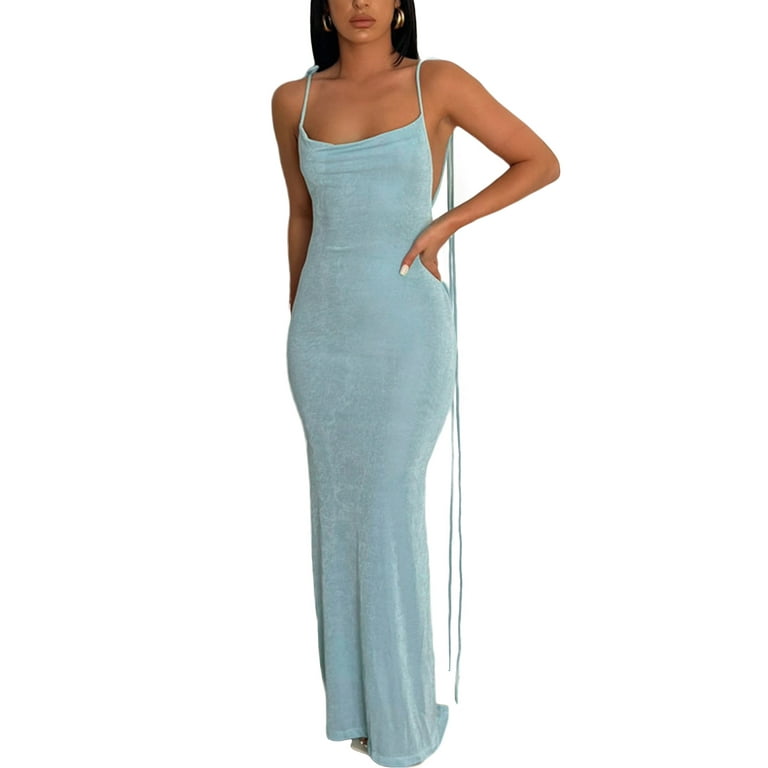 Women Hollow Out Backless Maxi Dress Knitted Spaghetti Strap Bandage Long  Dresses Low Cut Bodycon Party Dress