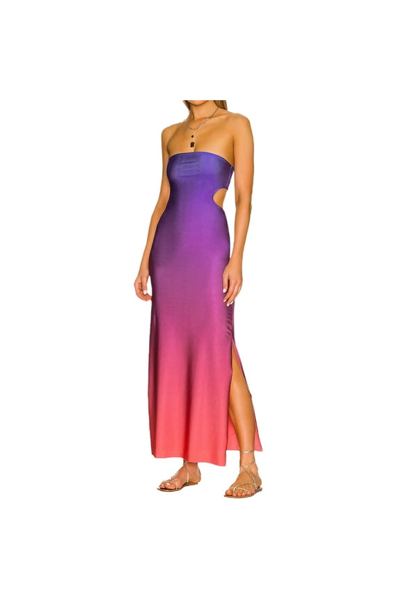 Women Hollow Out Bodycon Dress, Boho Floral Sleeveless Off Shoulder Open Waist Dress Backless Tube Top Split Long Dress