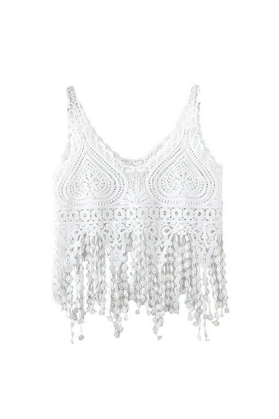Women Hollow Out Crochet Crop for Tank Top Knit Heart Lace Long Tassels Camisole Sleeveless See-Through Vest Beach Cover