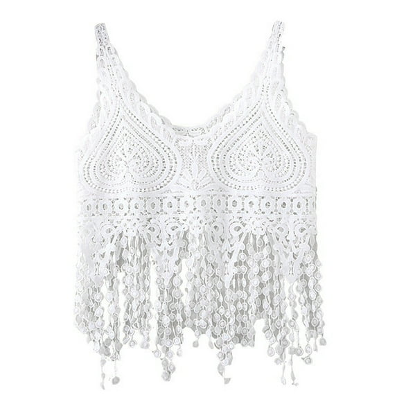 Women Hollow Out Crochet Crop for Tank Top Knit Heart Lace Long Tassels Camisole Sleeveless See-Through Vest Beach Cover