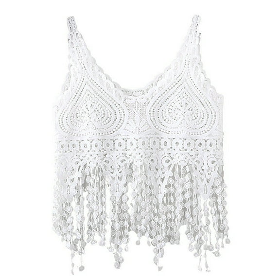 Women Hollow Out Crochet Crop for Top Knit Heart Lace Long Tassels Camisole Sleeveless See-Through Vest Beach Cover