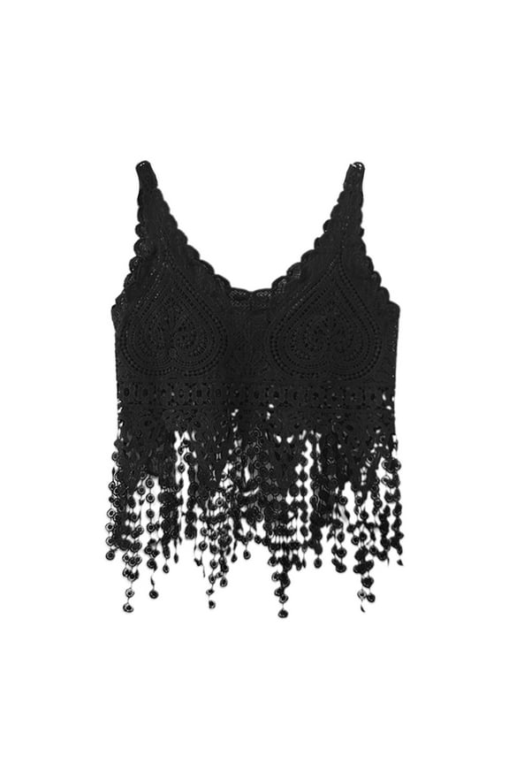 Women Hollow Out Crochet Crop for Top Knit Heart Lace Long Tassels Camisole Sleeveless See-Through Vest Beach Cover