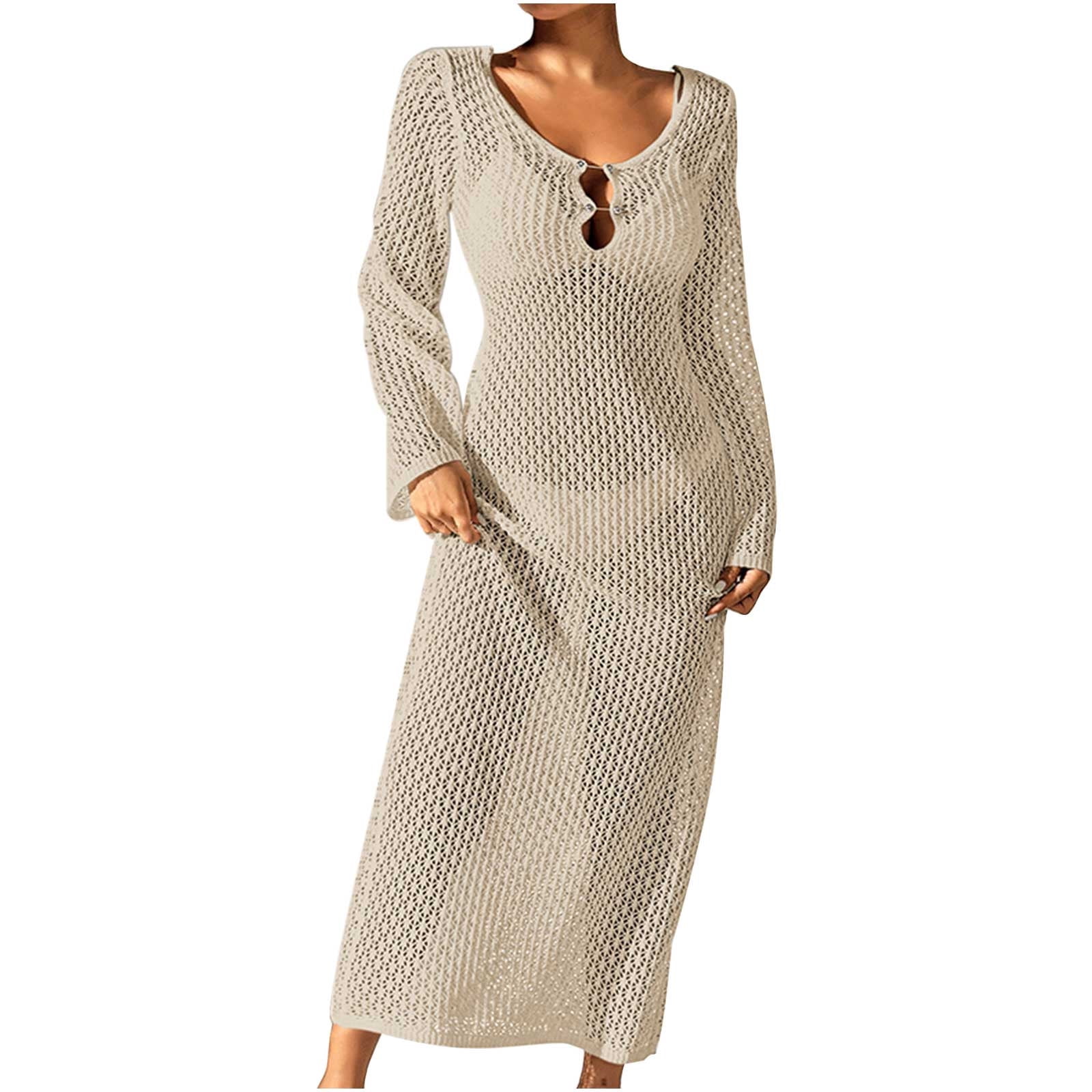 Women Hollow Out Crochet Dresses Maxi Low Cut Long Sleeve Sundress See  Through Backless Knitted Coverup Beach Dress S-L