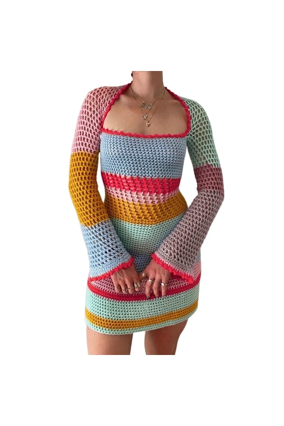 Women Hollow Out Crochet Knit Crop Tops Color Block Long Sleeve Square Neck Fall Sweaters Tops Swimsuit Cover Up