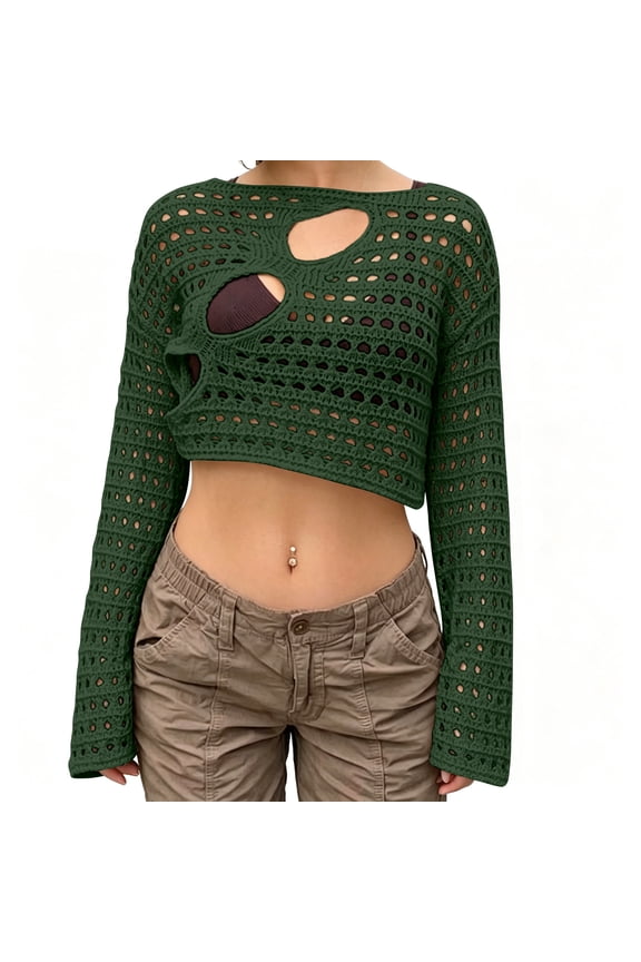 Women Hollow Out Crochet Knit Crop Tops Color Block Long Sleeve Square Neck Fall Sweaters Tops