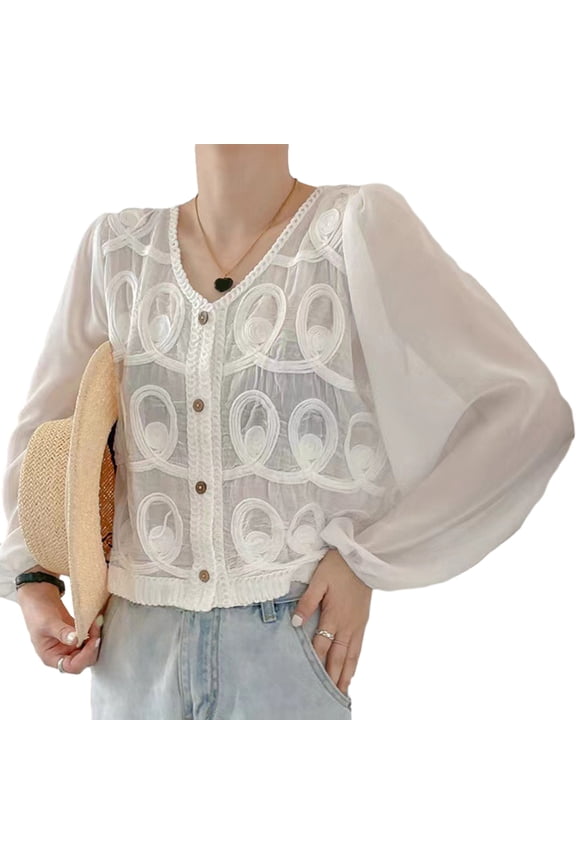Women Hollow Out Crochet Lace Patchwork Cardigan Chiffon Puff Long Sleeve Blouses V-Neck Button Up Loose Crop
