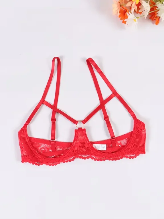 Women Hollow Out Cupless Bra Underwire Floral Lace Mesh Sheer Bra