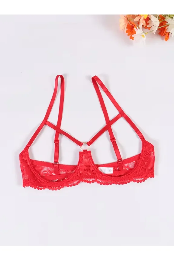 Women Hollow Out Cupless Bra Underwire Floral Lace Mesh Sheer Bra