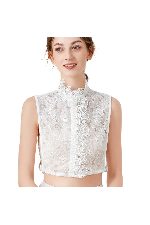 Women Hollow Out Embroidery Lace Faux Collar Elegant Ruffles Stand Half Shirt Blouse White Floral Decorative Detachable Dickey Crop Top