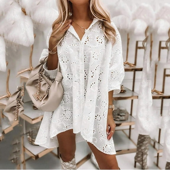 Women Hollow Out Eyelet Button Down Lapel V Neck Long Sleeve Ruffle Flowy Solid Oversized Loose Shirt Dress White 2XL