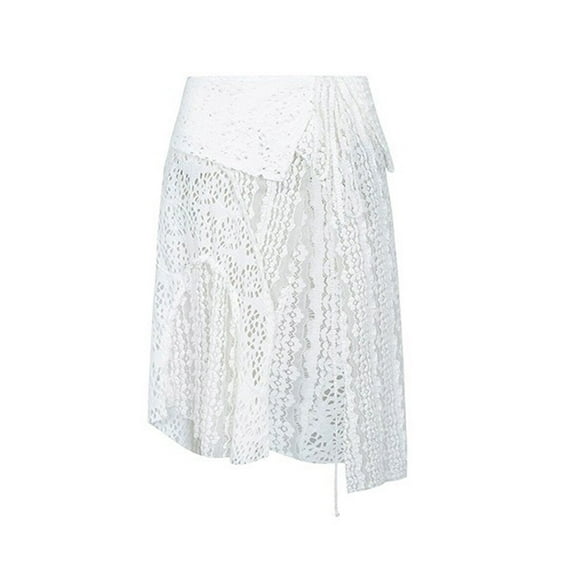 Women Hollow Out Lace Layered Half Skirt Korean Asymmetrical Long Apron Skirt Lace Up Hip Covering Scarf Overskirt