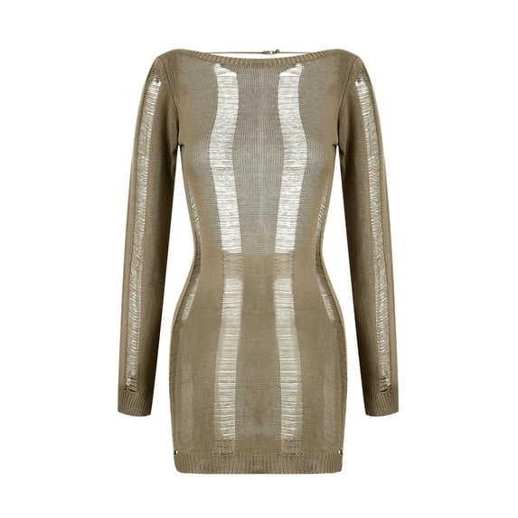 Women Hollow Out Mini Dress Long Sleeve Round Neck Solid Bodycon Mesh Short Wrapped Dress Backless Clubwear