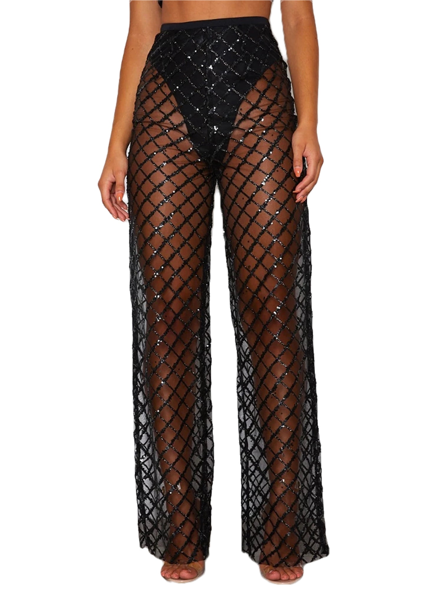 Women Hollow Out Pants Rave Mesh Sheer Pants See Through Fishnet Pants  Cover Up for Swimwear Beach