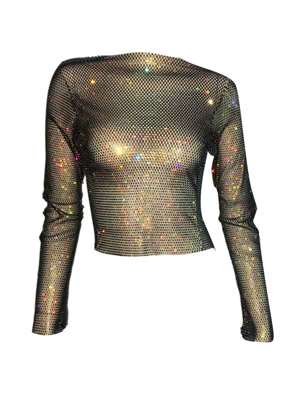 Women Hollow Out Rhinestones Sheer Long Sleeve T-Shirt Perspective Fishnets Coverup Body Chain Crop Top Clubwear