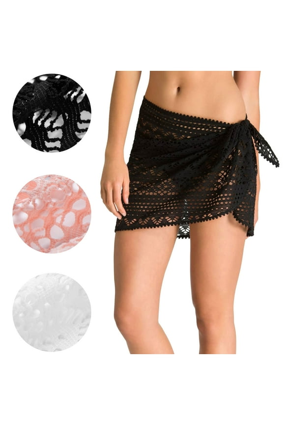 Women Hollow Out Skirts Beach Cover Up Summer Swimsuit Wrap Sheer Short Sarong Swimwear, White