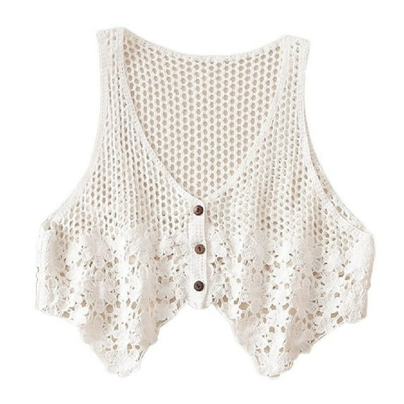 Women Hollow Out Sleeveless Vest Crochet Floral V-Neck Short Waistcoat Cardigan