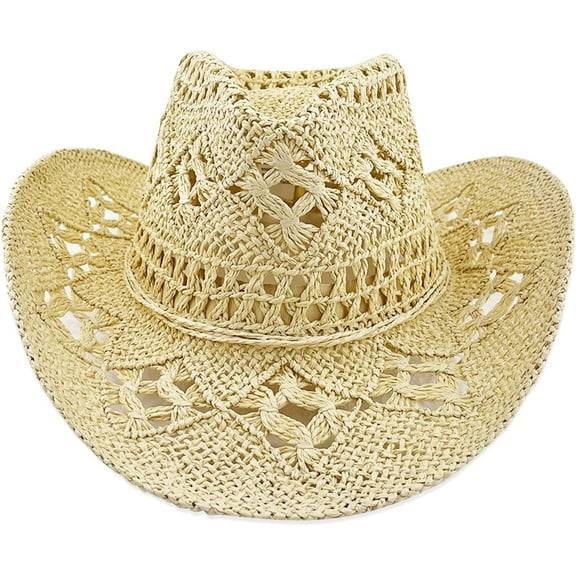 Women Hollow Out Straw Cowboy Hat, Western Cowgirl Hat for Party, Foldable Vacation Beach Sun Hat with Wide Brim for Summer