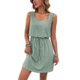 thumbnail image 1 of Women Hollow Out Textured Drawstring Mini Dress Bean Green XL, 1 of 4