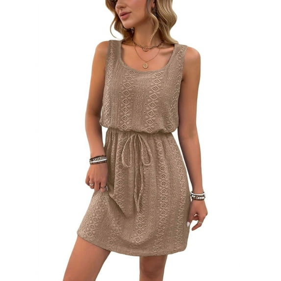 Women Hollow Out Textured Drawstring Mini Dress Khaki XL