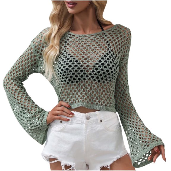 Women Hollow Out Tops Long Sleeve Crochet Knit Crop Tops Blouse See Through Fishnet Top E-Girls Teen Streetwear