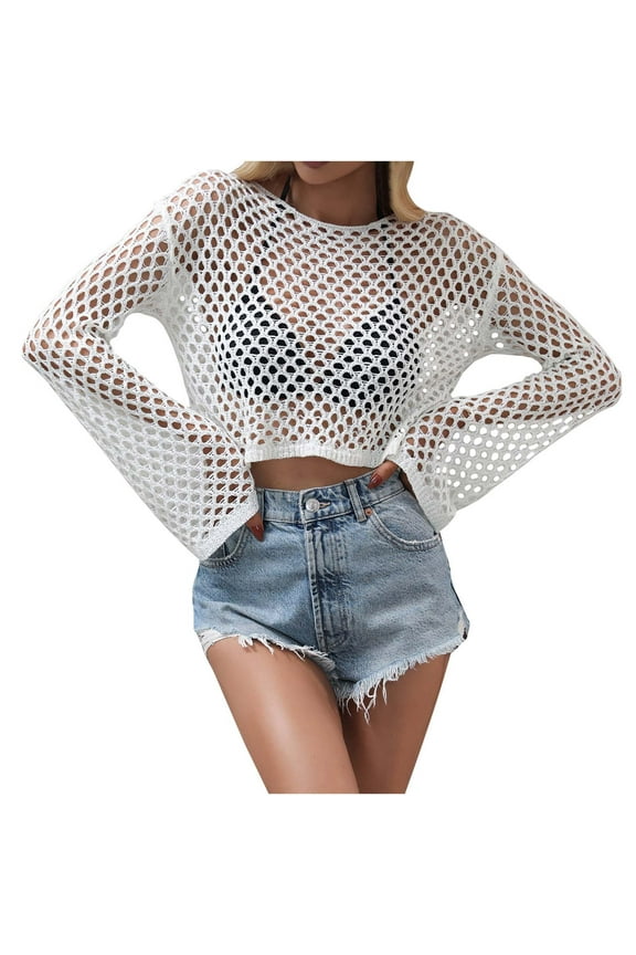 Women Hollow Out Tops Long Sleeve Crochet Knit Crop Tops Blouse See Through Fishnet Top E-Girls Teen Streetwear