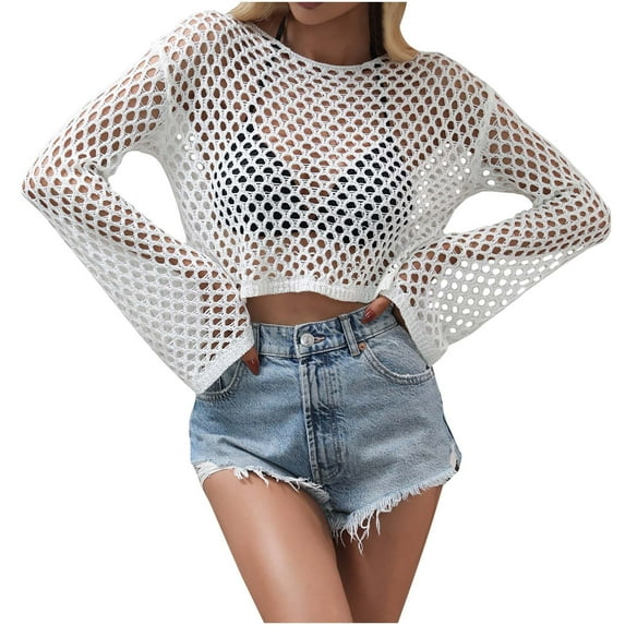 Women Hollow Out Tops Long Sleeve Crochet Knit Crop Tops Blouse Sexy See Through Fishnet Top E-Girls Teen Streetwear