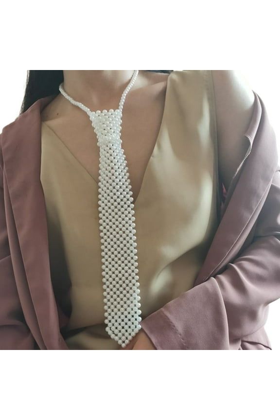 Women Hollow Out Woven Imitation Pearl Necktie Necklace Retro Weaving Beaded Vintage Jewelry Choker Shirt Tie Collar for Wedding Evening Party