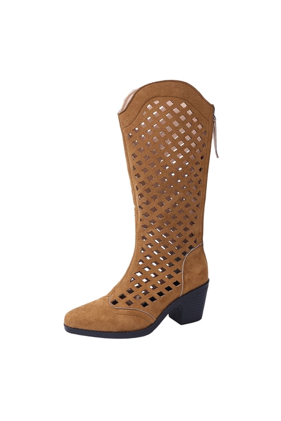 Women Hollow Perforated Breathable Knee High Western Boots, Back Zipper Chunky Block Heel Tall Long Booties, Fall Winter Cool Thin Light Footwear for Women Khaki 6(37)