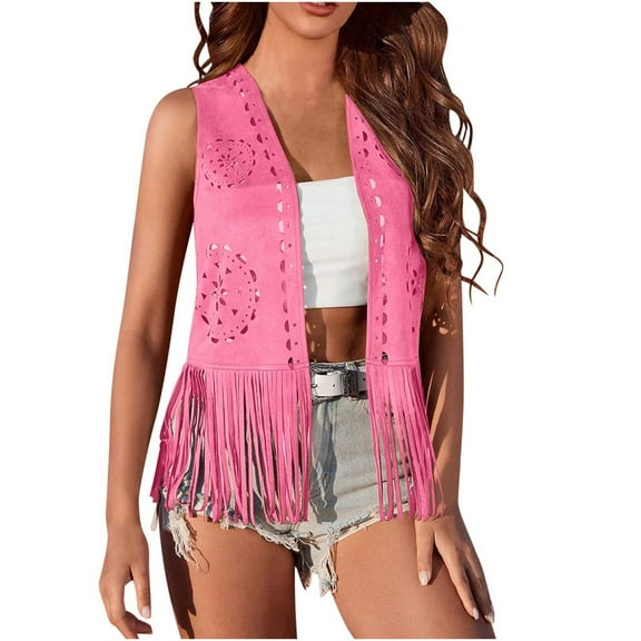 Women Hollow Tassel Vest Faux-Suede Fringe Jacket Boho Western Sleeveless Open Front Hippie Cardigan Pink, 2XL