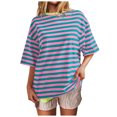 thumbnail image 1 of Women Home Casual Striped Pattern Round Neck Short Sleeved Pullover Color Block T Shirt Top, 1 of 5