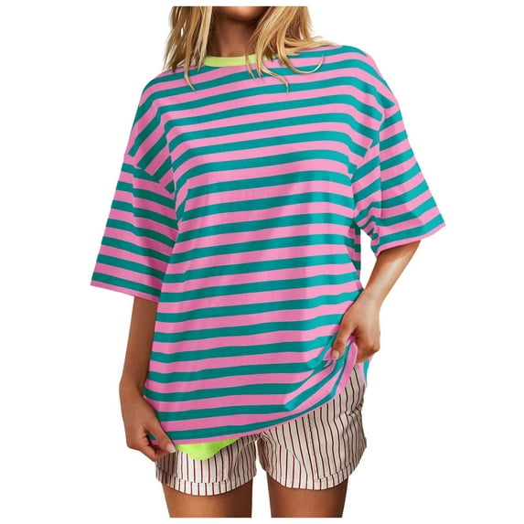 Women Home Casual Striped Pattern Round Neck Short Sleeved Pullover Color Block T Shirt Top