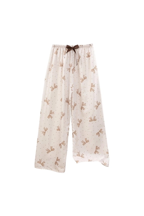 Women Home Wear Pants Printed Lightweight Relaxed Fit Bow Decor Elastic Waist Breathable Thin Fabric Summer Cozy Pajama Trousers Black Free Size