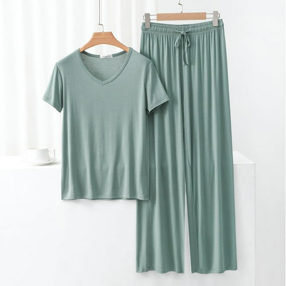 Women Homewear Solid Color Loose Pajamas Short Sleeve T Shirt Drawstring Wide Leg Pants Sleepwear 2 Piece Set Pant Suits for Women Grandmother of The Bride Dress Pinstripe Pantsuit Women 3 Piece Women