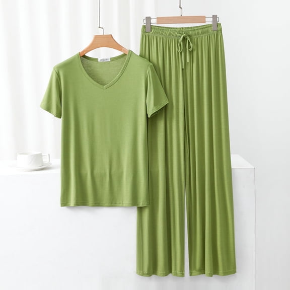 Women Homewear Solid Color Loose Pajamas Short Sleeve T Shirt Drawstring Wide Leg Pants Sleepwear 2 Piece Set Pant Suits for Women Grandmother of The Bride Dress Pinstripe Pantsuit Women 3 Piece Women