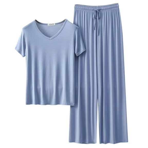 Women Homewear Solid Color Loose Pajamas Short Sleeve T Shirt Drawstring Wide Leg Pants Sleepwear 2 Piece Set