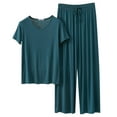 thumbnail image 1 of Women Homewear Solid Color Loose Pajamas Short Sleeve T Shirt Drawstring Wide Leg Pants Sleepwear 2 Piece Set, 1 of 7