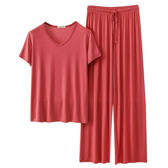 Women Homewear Solid Color Loose Pajamas Short Sleeve T Shirt Drawstring Wide Leg Pants Sleepwear 2 Piece Set